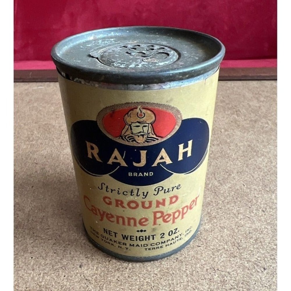 Vintage Rare Rajah Ground Cayenne Pepper Spice Display Tin Quaker Maid Co